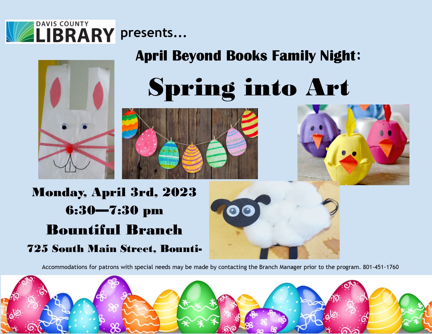 Monday April 3 - Family Art Night at the Bountiful Library.  Come create spring-themed art to celebrate the season.  6:30 pm