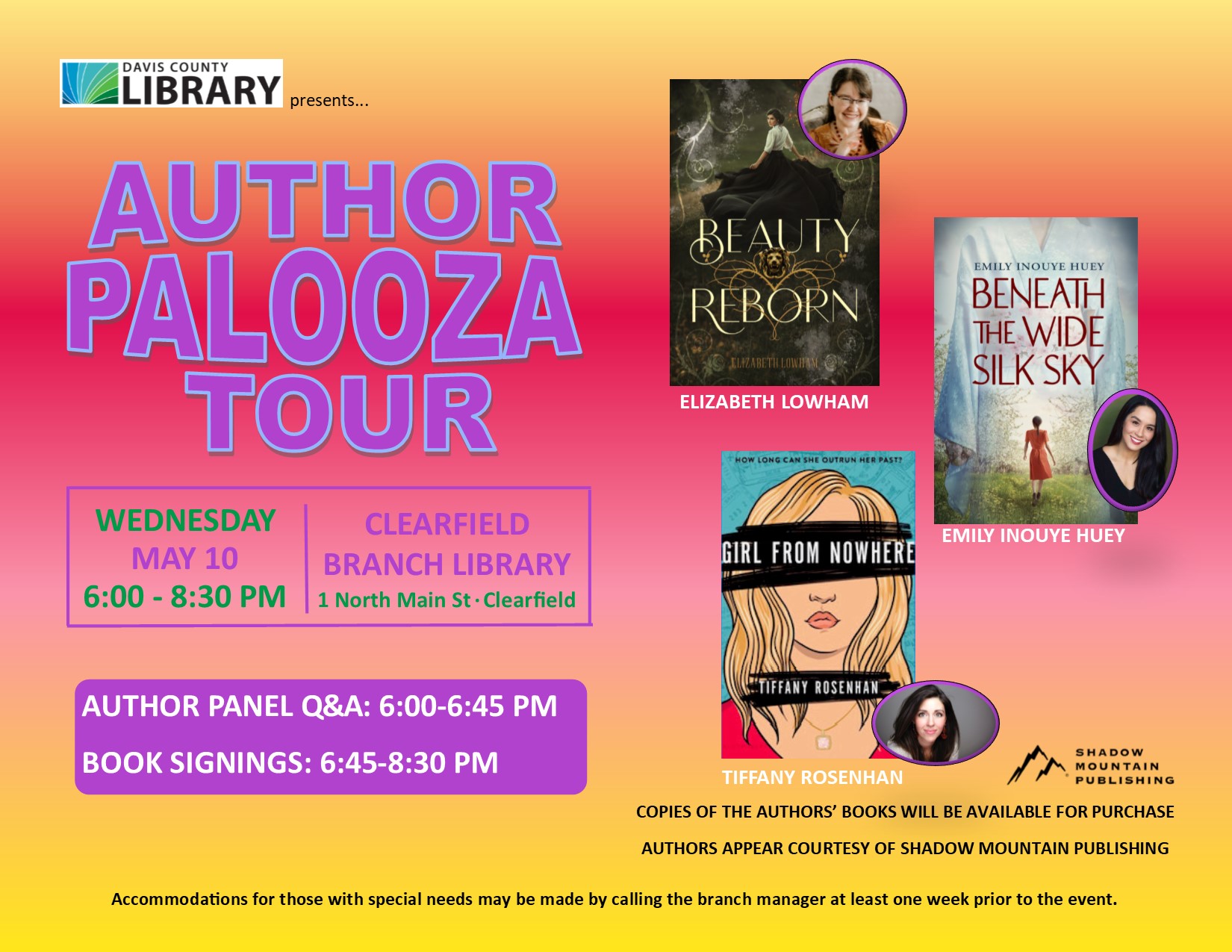 Authors Elizabeth Lowham, Emily Inouye Huey, and Tiffany Rosenhan will be joining us for an Q&A panel and book signing.  Deseret Book will be on hand with titles by the authors for purchase.  Wednesday, May 10, 2023 @ 6:00 pm at the Clearfield Branch. 