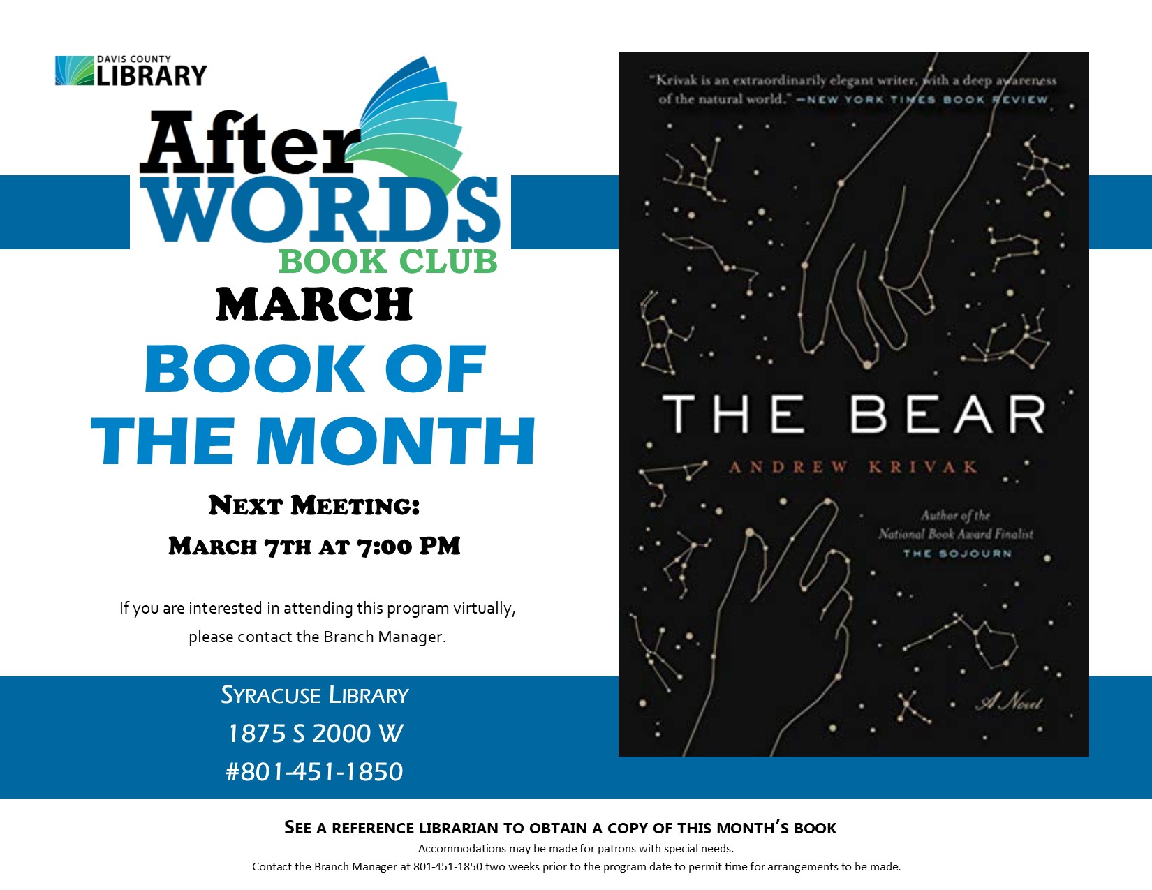 After Words Book Club @ 7pm The Bear by Andrew Krivak