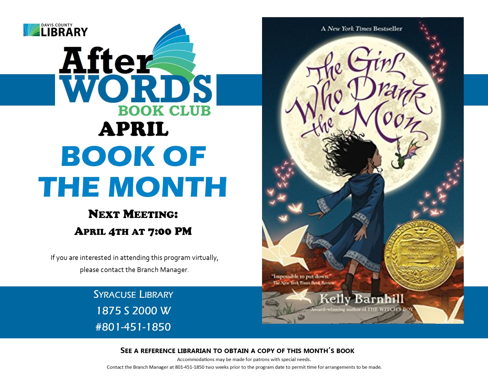 After Words Book Club @ 7pm The Girl Who Drank the Moon by Kelly Barnhill