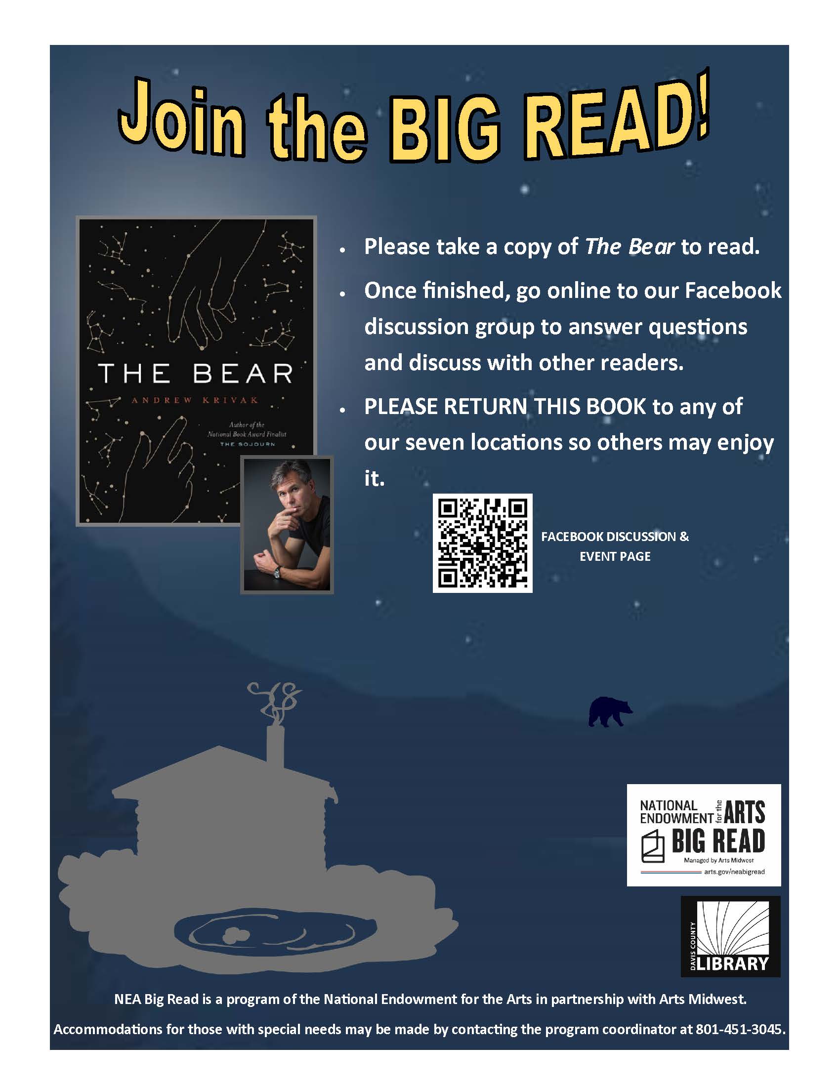 Join us at your favorite location beginning September 15 through June 2024 (except Sundays and observed holidays) and pick up a returnable copy of The Bear by Andrew Krivak.  We will read this book together as a library community. Once you've read the book, scan the QR code and join us for an online discussion on Facebook. Then, return the book to any library location so others can enjoy!