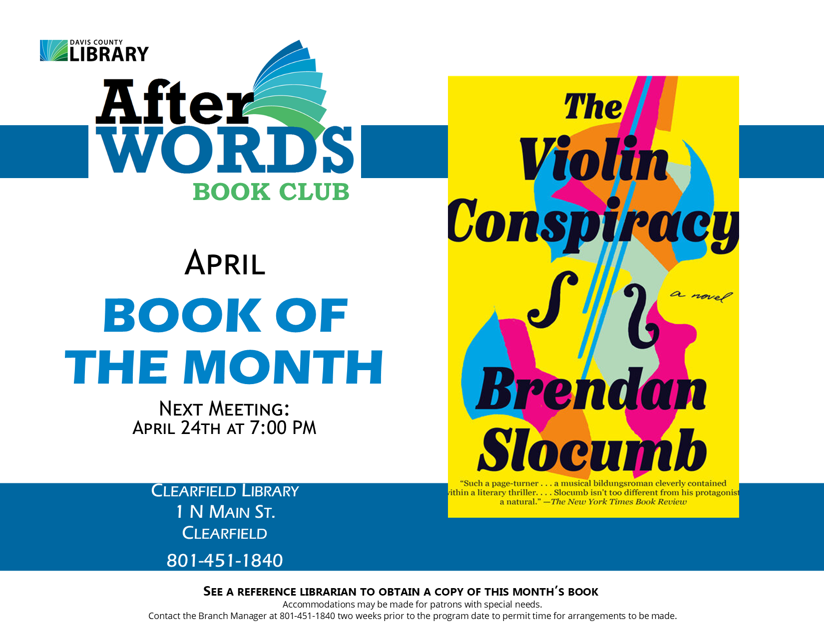 Book Club held April 24 at 7:00 pm. The Violin Conspiracy by Brendan Slocumb