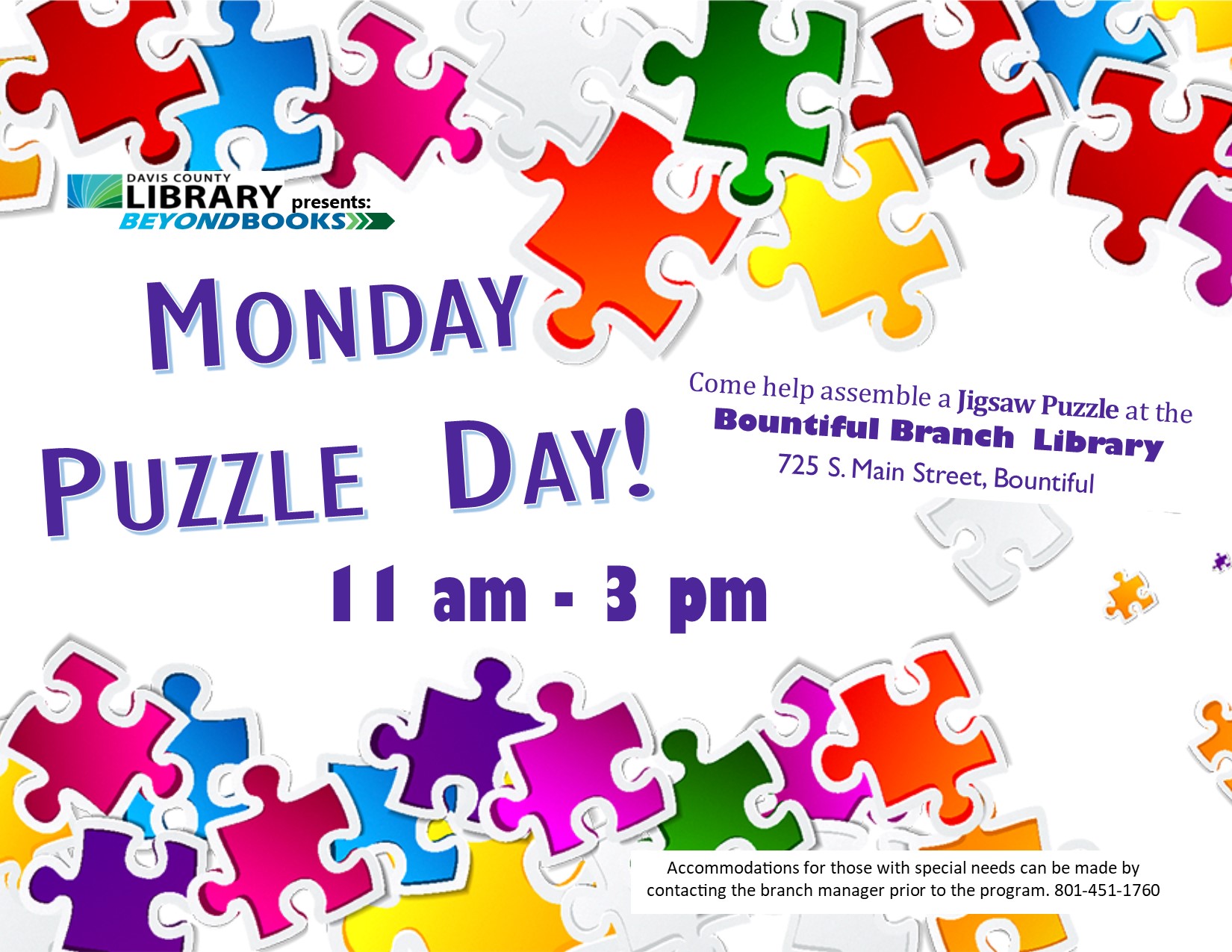 Monday Puzzle Flier. From 11am to 3pm in the upstairs area of the Bountiful Library.