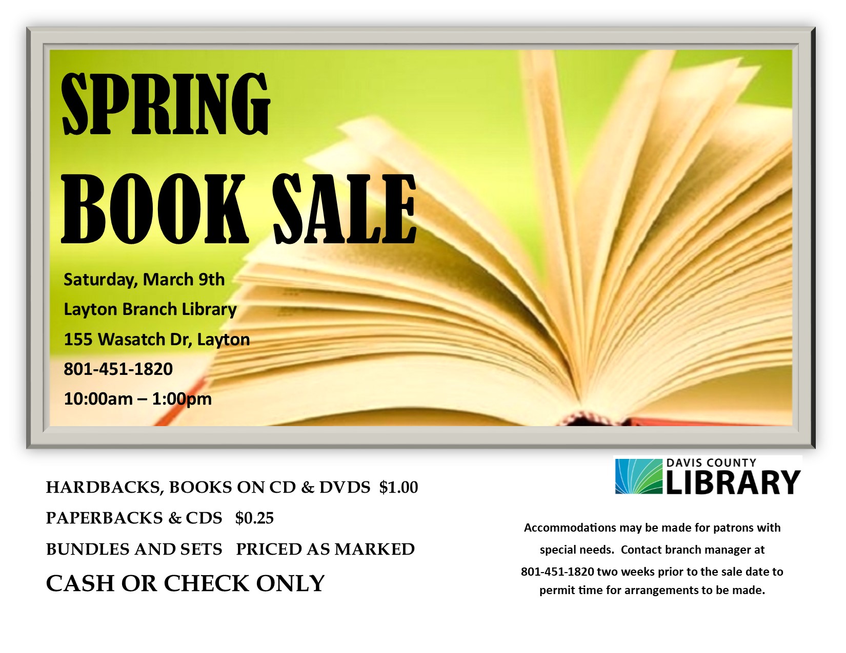 Spring Book Sale will be on March 9th, 2023, 10am to 1pm at the Layton Branch