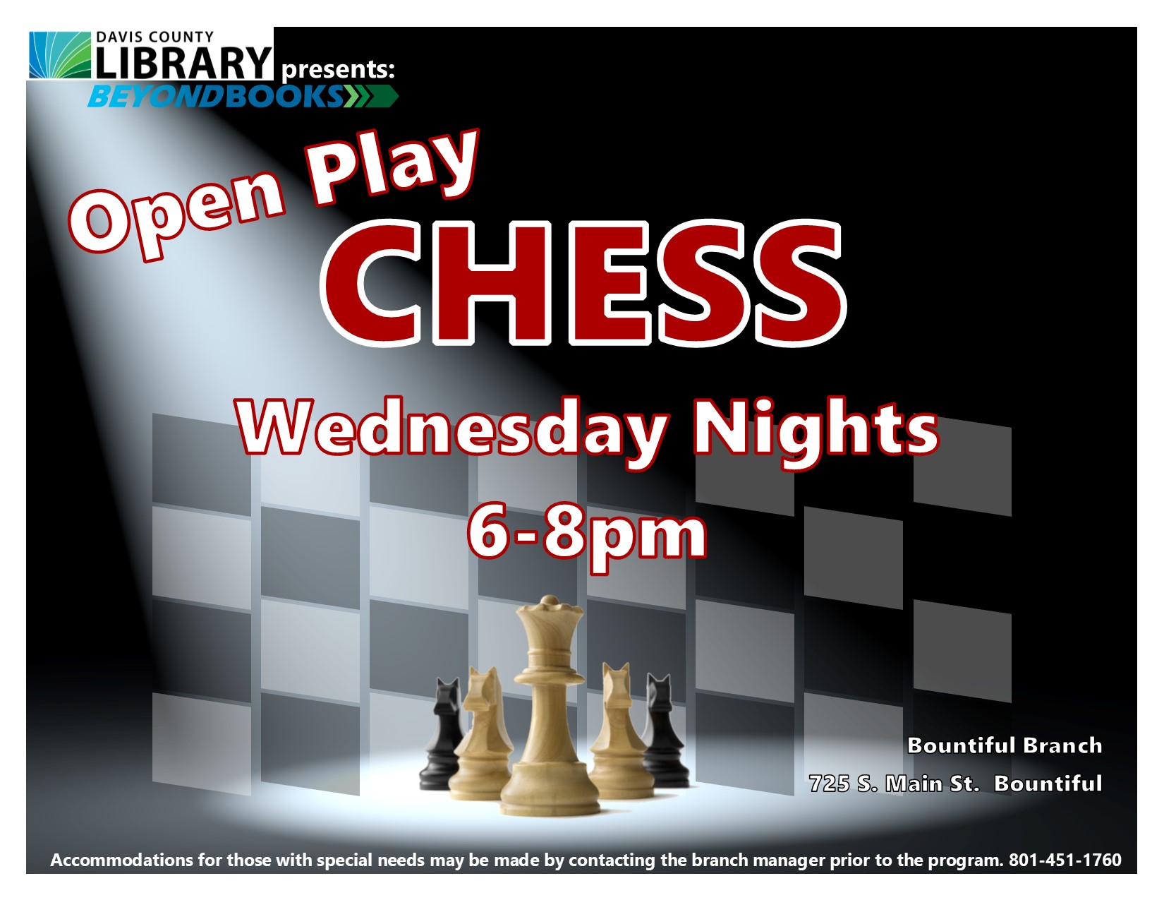 Open Play Chess on Wednesdays 6-8pm Flier