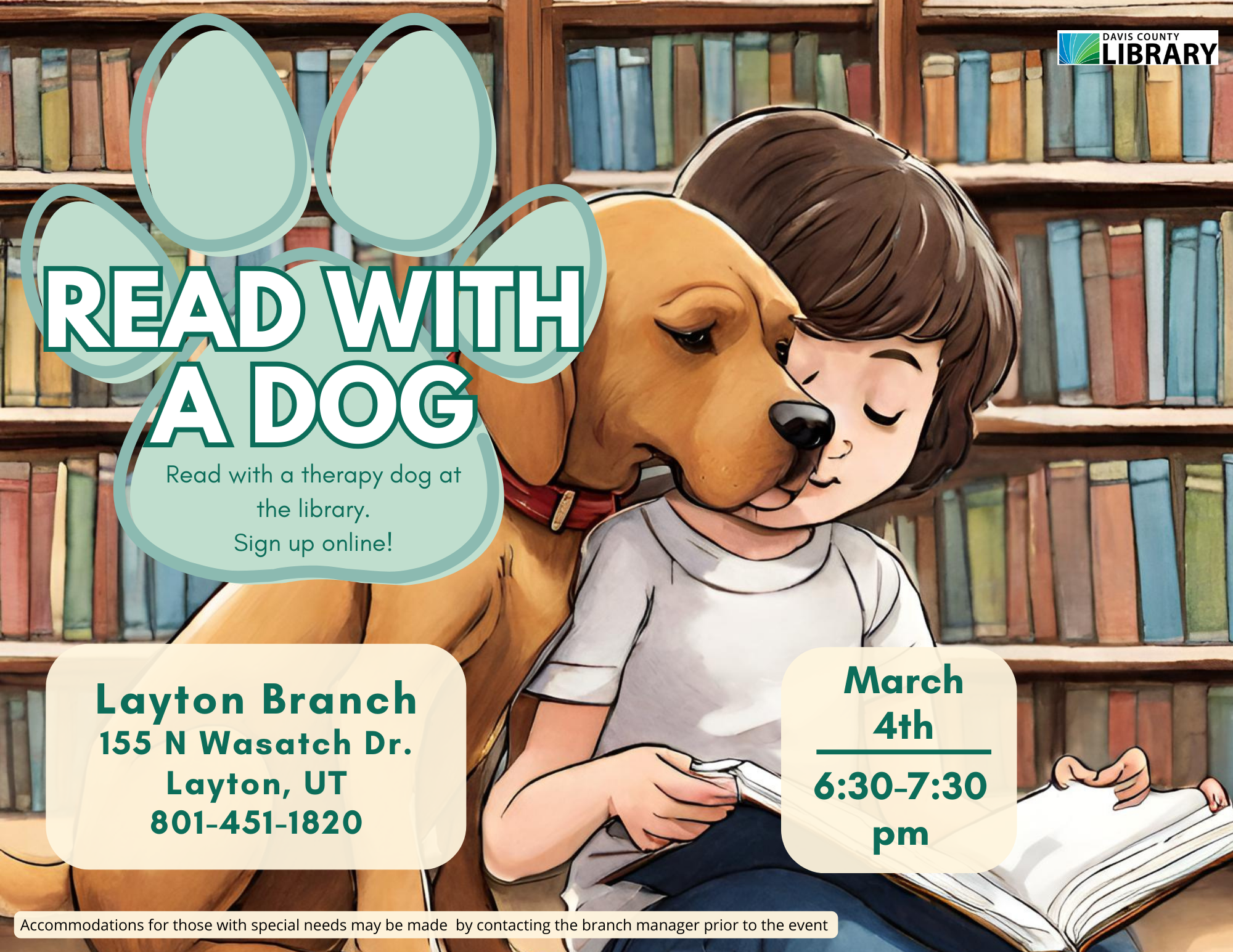 Read with a dog - March 4 6:30-7:30 pm. Layton Branch.