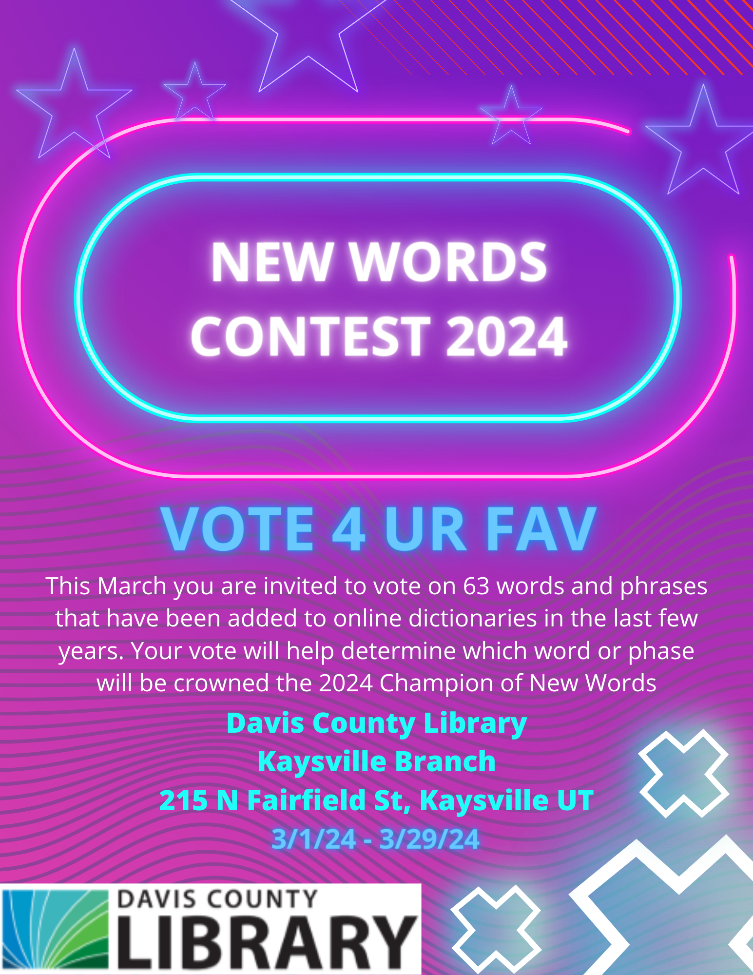 Who will be the 2024 Champion of New Words? Vote for your favorite at the Kaysville Library!