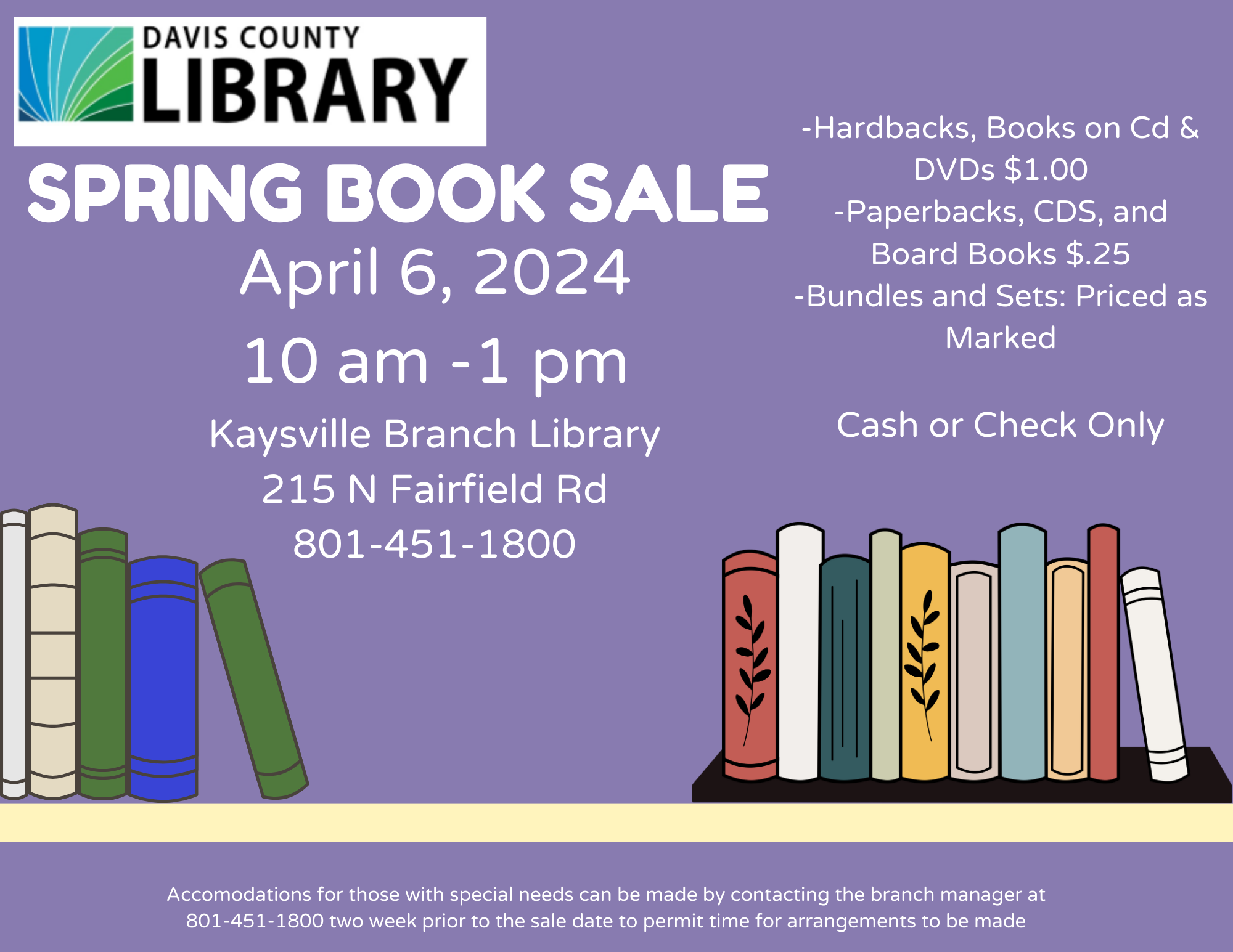 Spring Book Sale. April 6, 2024 from 10-1