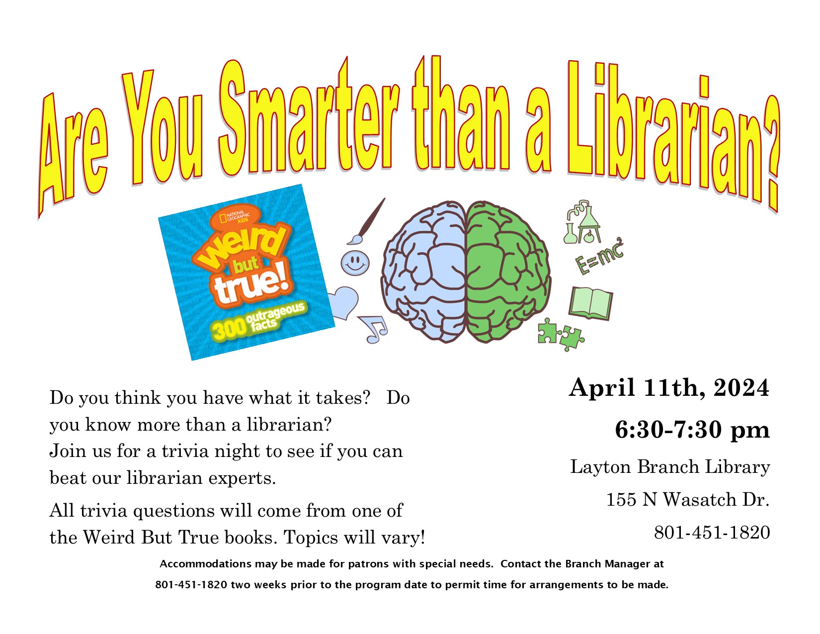 Are You Smarter than a Librarian Trivia night will be April 11, 6:30-7:30pm
