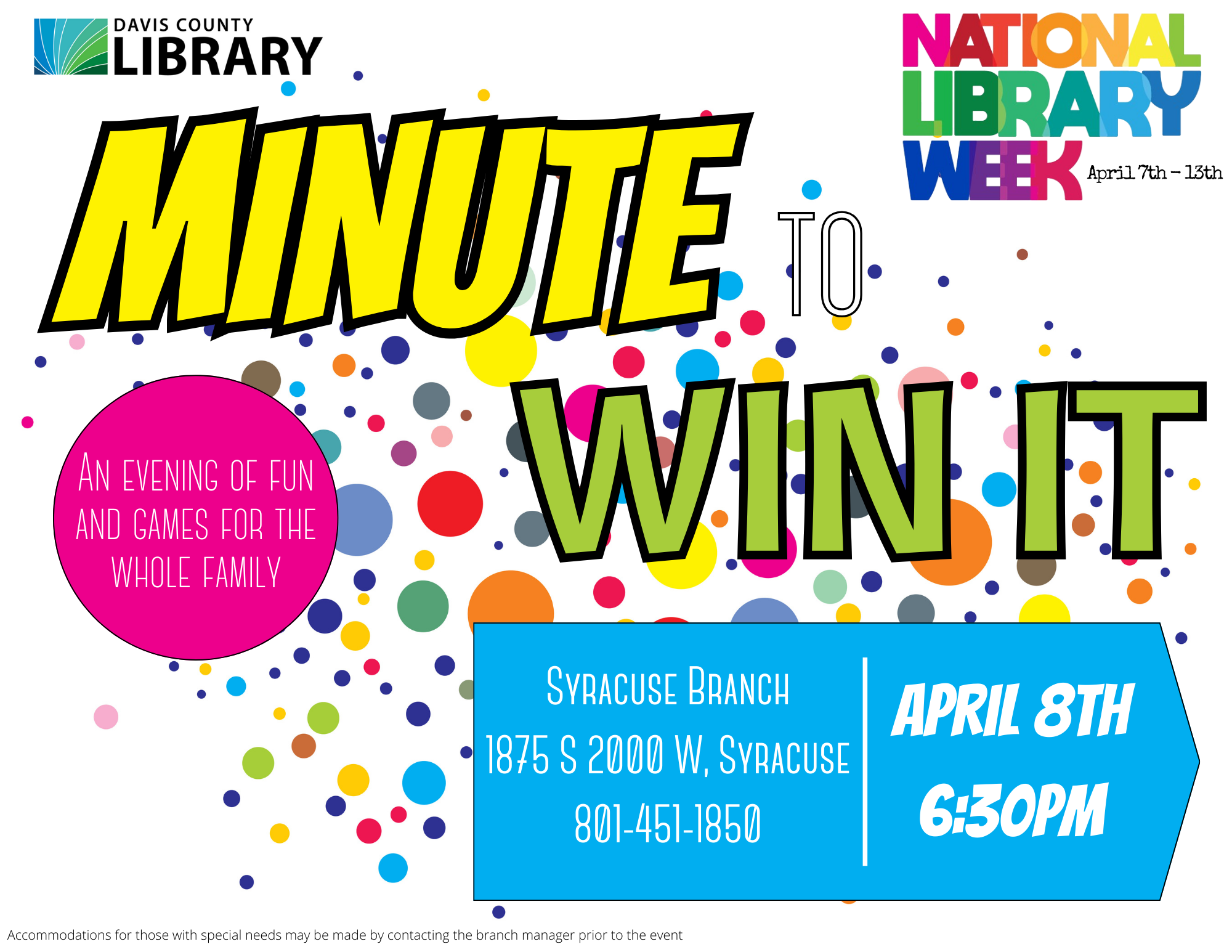 National Library Week Minute to Win It April 8th 6:30