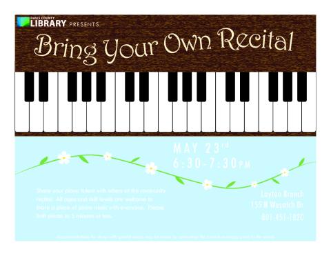 Share your piano talent with others at this community recital. All ages and skill levels are welcome to share a piece of piano music with everyone. Please limit pieces to 5 minutes or less.  May 23 at 6:30 pm at the Layton Branch