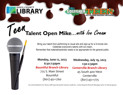 Teen Talent Open Mike Night on July 19th, 1:30-2:30pm