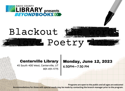 Beyond Books: Blackout Poetry at Centerville Library, Monday, June 12, 2023, 6:30PM-7:30PM.