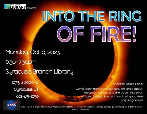 October 9, 2023 @ 6:30 pm, Syracuse Branch.  Learn more about the solar system and the upcoming solar eclipse, plus, get your free solar eclipse glasses.