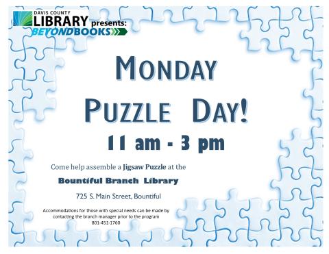 Monday Puzzle Day 11am-3pm at the Bountiful Branch Library