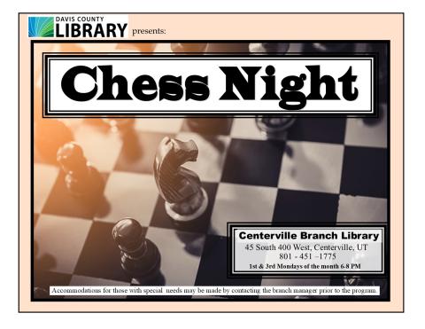 The library will set up chess sets for patrons to enjoy.