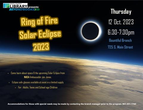 Flier for Ring of Fire Solar Event on Thursday Oct 12th at 6:30pm