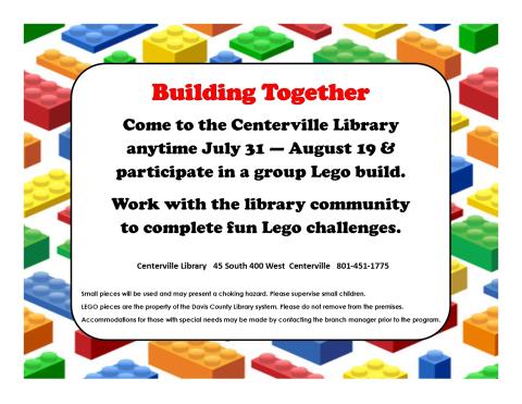 Help create a group LEGO project at the Centerville Library. 