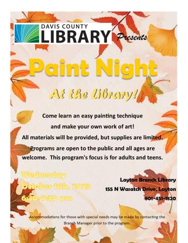 Fall Paint Night on October 11, 2023, 6:30pm-7:30pm