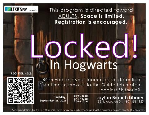 Locked! In Hogwarts Escape Room on September 26th, 7:30pm