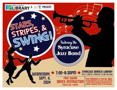 Stars, Stripes, and Swing! Enjoy dancing to music from the Syracuse Jazz Band from 7:00-8:30pm. Free dance instruction from 6:30-7:00pm.