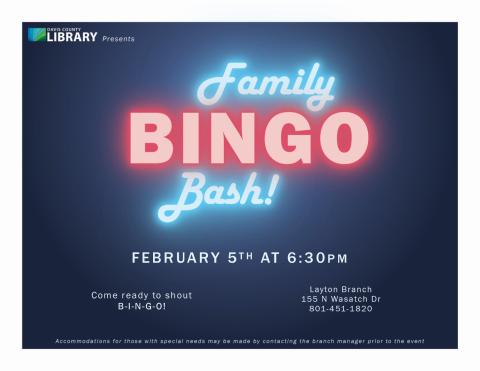 Brightly colored words say "Family Bingo Night"