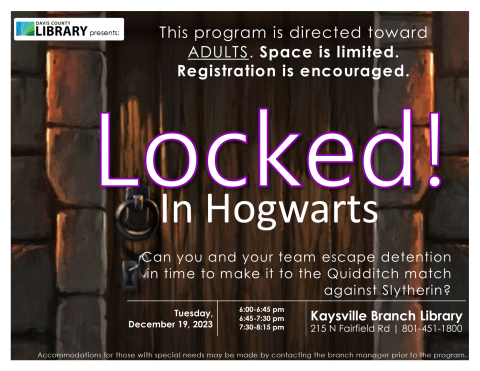 Locked in Hogwarts Adult Escape Room Dec 19, 2023