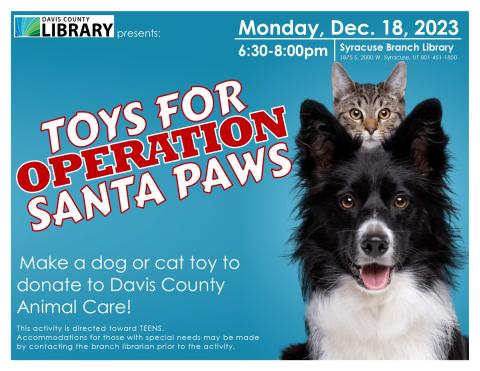 Toys for operation Santa Paws. Help make toys for animals in need! We will use old t-shirts to make toys for animals. All supplies provided.