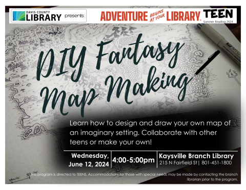 Teens can learn how to design and draw their own map of an imaginary setting from 4:00 PM-5:00 PM on June 12, 2024 as part of the 2024 Summer Reading Program