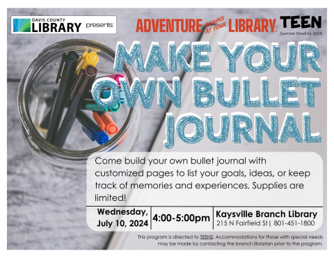 Teens can come to the library and make their own bullet journal with customized pages from 4:00 PM-5:00 PM on July 10, 2024 as part of the 2024 Summer Reading Program. Supplies will be limited. 