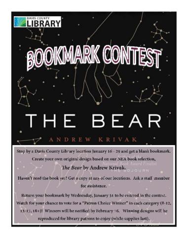 NEA Big Read Bookmark Contest January 16 - 29.  Turn in your entry by Jan. 31. Open to those age 8+