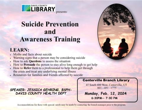 Suicide Prevention and Awareness Training, Feb 12 @ 6:30 pm at the Centerville Branch Library