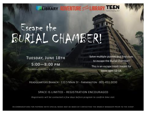 Solve puzzles and find clues to escape the burial chamber. An escape room for teens!