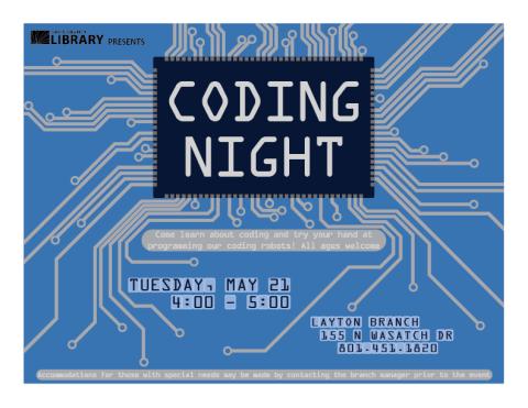Coding Night - Layton Branch - Tuesday May 21 4:00 pm