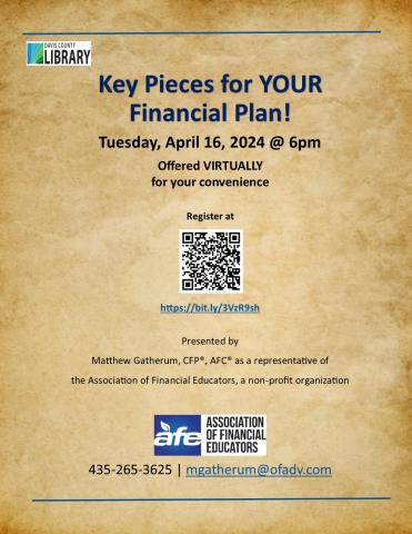 Key Pieces to Your Financial Plan. April 16, 2024 at 6:00 pm.  Virtual.  Register at https://bit.ly/3VzR9sh