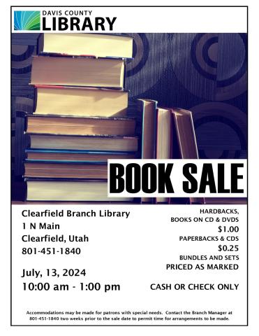 Book Sale. July 13, 2024 from 10-1