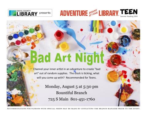 Channel your inner artist in an adventure to create "bad art" out of random supplies. The clock is ticking, what will you come up with?  Recommended for Teens.