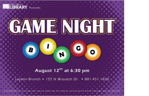 Game night featuring Bingo at the Layton Library on August 12th at 6:30pm.