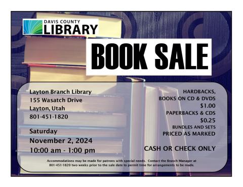 Book Sale on November 2, 2024, 10 am to 1 pm. Cash or Check only