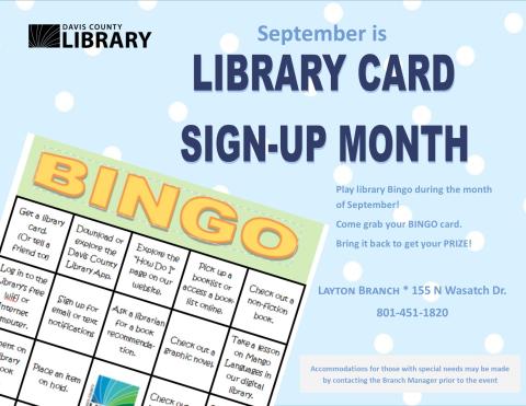 Play library Bingo during the month of September at the Layton library!