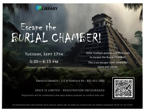 Solve puzzles and find clues to escape the burial chamber. An escape room for teens and adults!