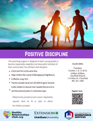 Positive Discipline, October 1, 8, 15, & 22 @ the Clearfield Branch, 6:00- 8:00 pm.  For those 18+.