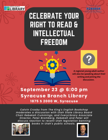 Celebrate Intellectual Freedom and your Right to Read with a discussion about book banning in Utah public schools and a presentation by a local young adult author. September 23 @ 6:00 pm at the Syracuse Branch Library