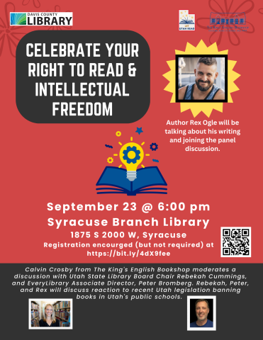 Celebrate Intellectual Freedom and your Right to Read with a discussion about book banning in Utah public schools and a presentation by a local young adult author. September 23 @ 6:00 pm at the Syracuse Branch Library