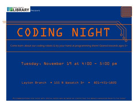 Coding Night - Layton Branch - Tuesday November 19 4:00 pm