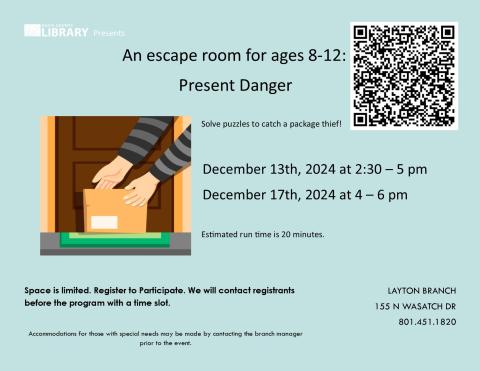 Escape Room for Ages 8-12. Friday December 13 from 2:30-5:00 pm