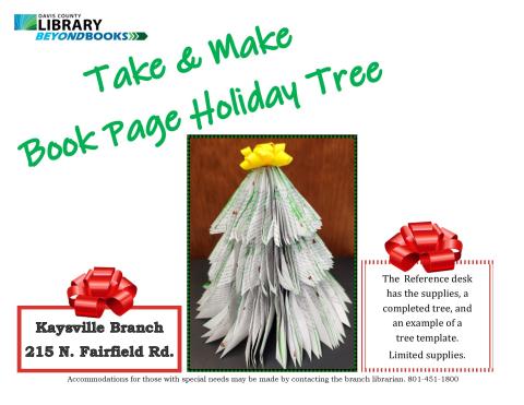 Flier for Book Page holiday Tree activity (Take & Make) that will be in December at the Kaysville Library