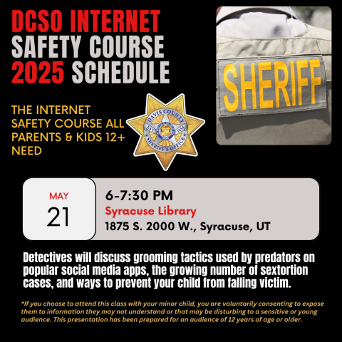 The internet safety course all parents and kids 12+ need presented by the Davis County Sheriff's Office. December 18, 6-8 pm at the Layton Branch Library, 155 N Wasatch Drive