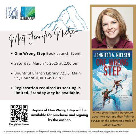 Saturday, March 1 @ 2:00 pm at the Bountiful Branch Library. Registration recommended as seating is limited.  Register at Eventbrite, search "Jennifer Nielsen" to find the event.