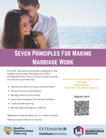 Seven Principles of Making Marriage Work at the Headquarters Library, Thursday, April 10, 17, 24 and May 1 in April from 6-8 pm. Register at https://extension.usu.edu/hru/courses/seven-principles-for-making-marriage-work. Must be 18 years or older